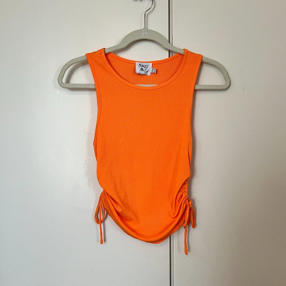Women’s Orange Ribbed Drawstring Crop Tank Top - Picture 4 of 10